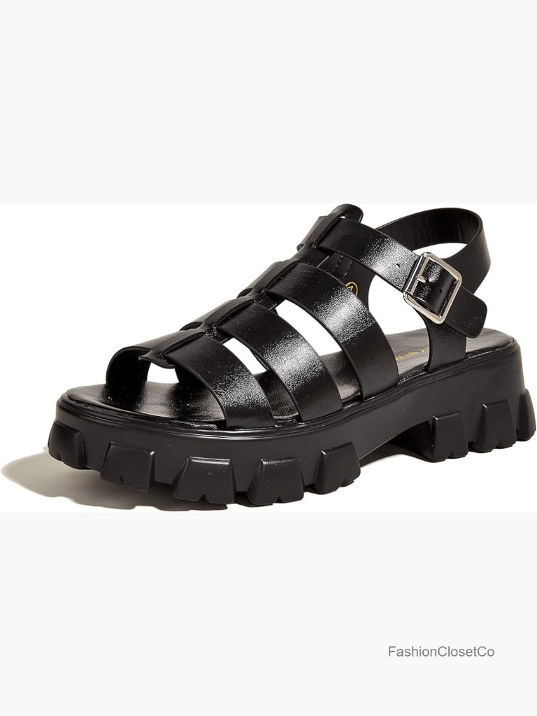 Platform Wedge Sandals Open Toe Adjustable Ankle Strap Chunky Heel Faux Leather